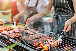 Close friends hanging out together bbq party backyard spring summer food preparation tasty dinner grilled meat