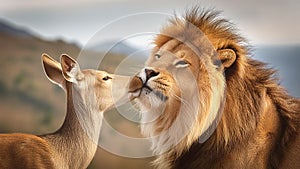Close friendship of enemies in the wild. The lion is kissing the deer
