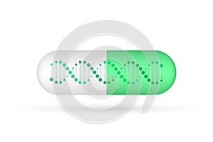 Close green capsule pill with dna molecule structure on white background. Vector stock illustration