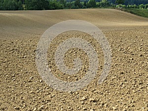 Close Look at Brown Field Landscape of Agricultural Plowed Soil Dirt