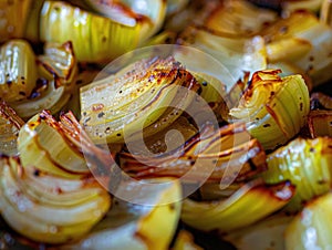 A close look at a bunch of sauteed onions plated elegantly, showcasing their golden brown color and caramelized texture