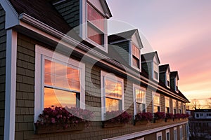 close look of dormer windows in row on dutch colonial home at sunset