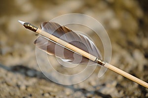 close look at feathered arrow ready to shoot