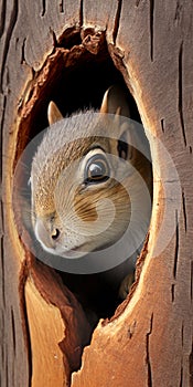 close look of squirrel sticking its head out of the hollow of a tree, superimposed photo