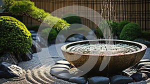 Close look at traditional Japanese style water fountain in the garden