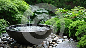 Close look at traditional Japanese style water fountain in the garden