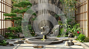 Close look at traditional Japanese style water fountain in the garden