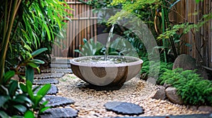 Close look at traditional Japanese style water fountain in the garden.