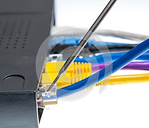 Cat5 cables and router for cyberdefence concept photo