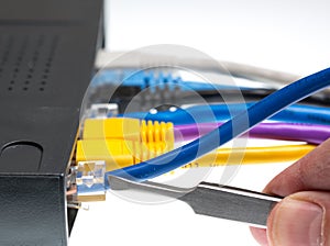 Cat5 cables and router for cyberdefence concept photo