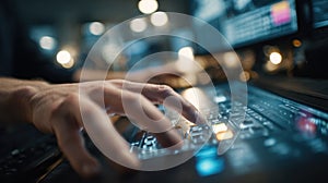 Close medium shot capturing hands interacting with a metadata watermarking console highlighting precise embedding