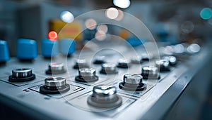 Close medium shot of an engineered electronic panel for industrial machinery controls emphasizing tactile buttons and