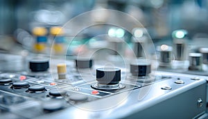 Close medium shot of an engineered electronic panel for industrial machinery controls emphasizing tactile buttons and