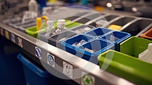 Close medium shot highlighting an undercounter ecofriendly sorting station with distinct labels for sharps and