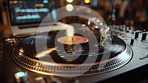 Close medium shot on a vinyl record spinning with computervision markers highlighting beats as a laptop interface and