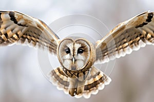 close midflight capture, owls face details sharp, background blurred photo