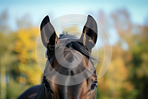close perspective of horse ears perked while jumping
