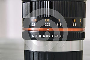 The close photo of manual focus lens for mirrorless APSC cameras on white background.