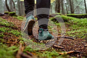 Close photo of a tourist`s feet in boots walking on wet ground with moss in the woods during a hike in the woods photo