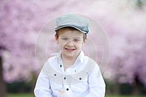 Close portrait of adorable little caucasian boy in a cherry tree
