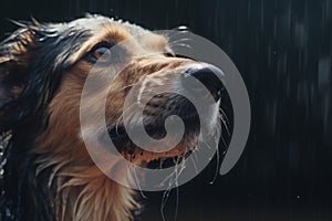 Close portrait cute intelligent wet dog with smart brown plaintive eyes thinking looking up listening after rain walk