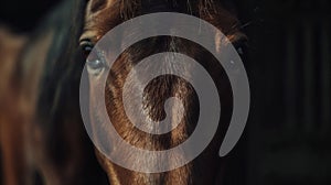 Close portrait of a dark horse in the sun against a dark background. The horse looks directly at the camera