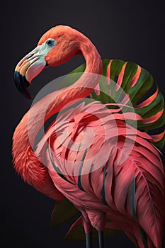 Close portrait pink flamingo with leaf, Generative AI