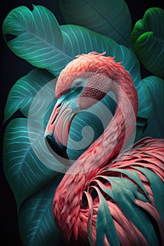 Close portrait pink flamingo with leaf, Generative AI