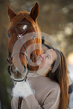 Close portrait of young smiling woman and brown horse at winter sunset. Woman with long hear in sweater near big horse