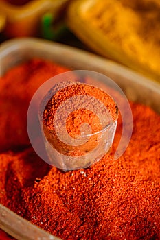 Close Of Powdered Cayenne Or Red Hot Chili Pepper On Sale At East Market,