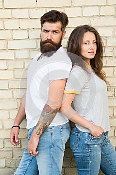 Close relationship. Sensual woman and bearded man enjoying romantic relationship. Loving relationship between brutal