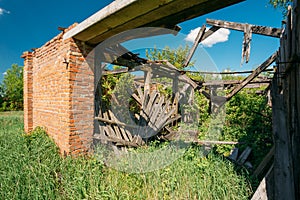 Close Ruined House In Evacuated Rural Zone After Chernobyl Trage