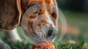 A close shot of a beagle sniffing a fresh raw meatball, with a very shallow depth of field to blur out any distractions