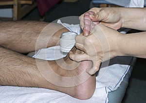Close shot of bodily parts massaging foot scene