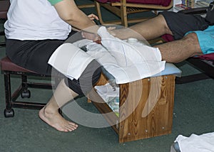 Close shot of bodily parts massaging foot scene