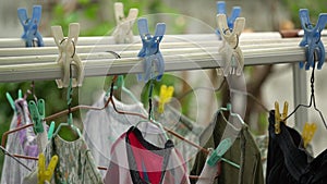 Close shot of a cloth drying rack with hanging garments, shorts, a running t-shirt with hangers and clothespins, and clothes pegs.