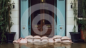 Close shot of flood Protection Sandbags with flooded homes in the background