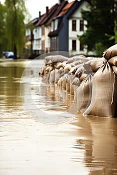 Close shot of flood Protection Sandbags with flooded homes in the background. - AI Generated