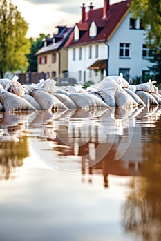 Close shot of flood Protection Sandbags with flooded homes in the background. - AI Generated