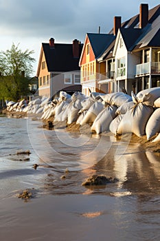 Close shot of flood Protection Sandbags with flooded homes in the background. - AI Generated