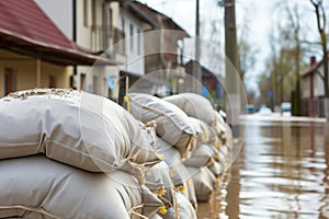 Close shot of flood Protection Sandbags with flooded homes in the background. - AI Generated