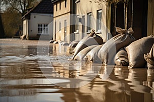 Close shot of flood Protection Sandbags with flooded homes in the background. - AI Generated