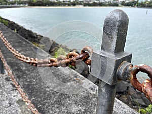 Close shot of a half new half rusty iron railing with seaside background.