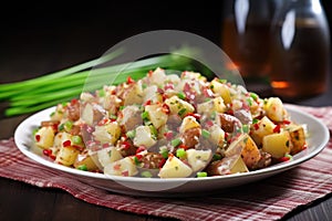 close shot of potato salad with bbq sauce marination photo