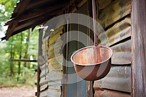 close shot of rusty ladle hanging outside a cookhouse