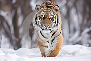 Close shot of a Siberian tiger walking on snow