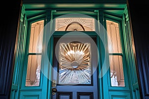 close shot of tall multifaceted fanlight above a dark wooden door of a colonial revival mansion