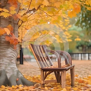 the close shot of the wooden bench beside huge autumn tree with falling leaves with bokeh background