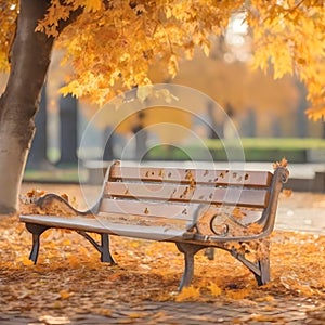 the close shot of the wooden bench beside huge autumn tree with falling leaves with bokeh background