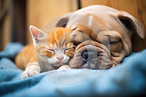 a close snuggle between a sleeping kitten and a protective puppy